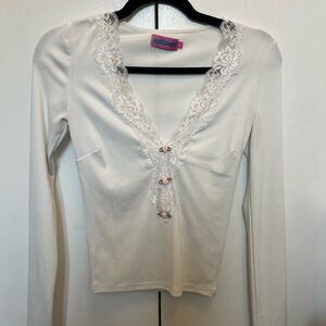 Edikted White Lace Trim Long Sleeve Top
